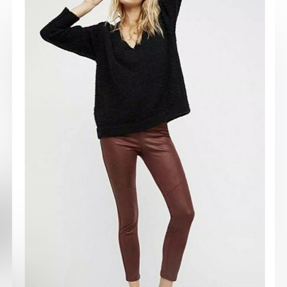 Free People Women's Faux Suede Leather Pull-On Legging Pants Burgundy